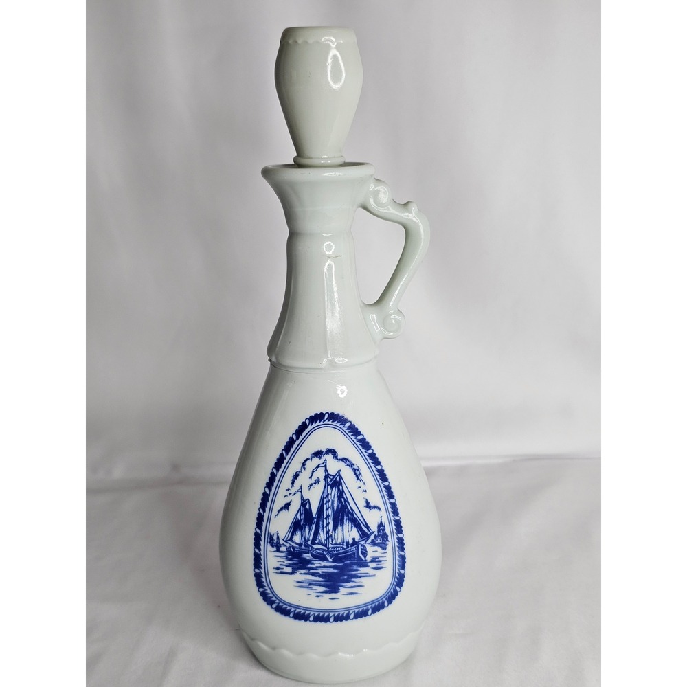 Vintage Milk Glass Ship Decanter Nautical Blue Sailing Boat Windmill Stopper